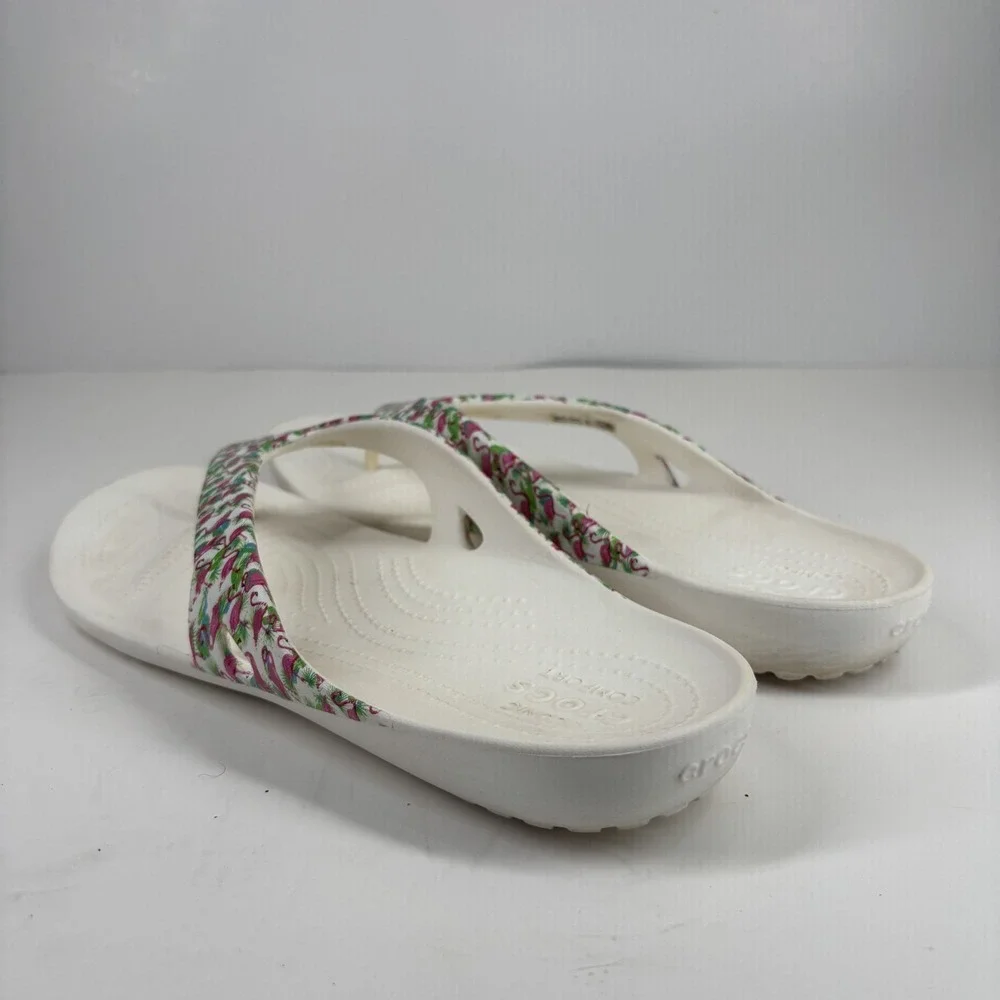 Crocs Kadee II Graphic Flamingo Women's 11 White Comfort Flip-Flop Beach Sandals